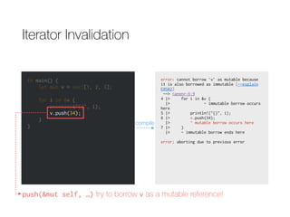 Iterator Invalidation
fn main() {
let mut v = vec![1, 2, 3];
for i in &v {
println!("{}", i);
v.push(34);
}
}
error: cannot borrow `v` as mutable because
it is also borrowed as immutable [--explain
E0502]
--> <anon>:6:9
4 |> for i in &v {
|> - immutable borrow occurs
here
5 |> println!("{}", i);
6 |> v.push(34);
|> ^ mutable borrow occurs here
7 |> }
|> - immutable borrow ends here
error: aborting due to previous error
compile
v.push(34);
push(&mut self, …) try to borrow v as a mutable reference!
 