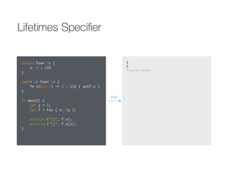 Lifetimes Speciﬁer
struct Foo<'a> {
x: &'a i32
}
impl<'a> Foo<'a> {
fn x(&self) -> &'a i32 { self.x }
}
fn main() {
let y = 5;
let f = Foo { x: &y };
println!("{}", f.x);
println!("{}", f.x());
}
5
5
Program ended.
run
 