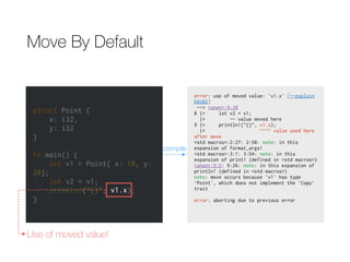 Move By Default
struct Point {
x: i32,
y: i32
}
fn main() {
let v1 = Point{ x: 10, y:
20};
let v2 = v1;
println!("{}", v1.x);
}
error: use of moved value: `v1.x` [--explain
E0382]
--> <anon>:9:20
8 |> let v2 = v1;
|> -- value moved here
9 |> println!("{}", v1.x);
|> ^^^^ value used here
after move
<std macros>:2:27: 2:58: note: in this
expansion of format_args!
<std macros>:3:1: 3:54: note: in this
expansion of print! (defined in <std macros>)
<anon>:9:5: 9:26: note: in this expansion of
println! (defined in <std macros>)
note: move occurs because `v1` has type
`Point`, which does not implement the `Copy`
trait
error: aborting due to previous error
compile
Use of moved value!
v1.x
 