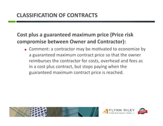 CLASSIFICATION	
  OF	
  CONTRACTS	
  
Cost	
  plus	
  a	
  guaranteed	
  maximum	
  price	
  (Price	
  risk	
  
compromise	
  between	
  Owner	
  and	
  Contractor):	
  
!   Comment:	
  a	
  contractor	
  may	
  be	
  mo:vated	
  to	
  economize	
  by	
  
a	
  guaranteed	
  maximum	
  contract	
  price	
  so	
  that	
  the	
  owner	
  
reimburses	
  the	
  contractor	
  for	
  costs,	
  overhead	
  and	
  fees	
  as	
  
in	
  a	
  cost	
  plus	
  contract,	
  but	
  stops	
  paying	
  when	
  the	
  
guaranteed	
  maximum	
  contract	
  price	
  is	
  reached.	
  	
  
 