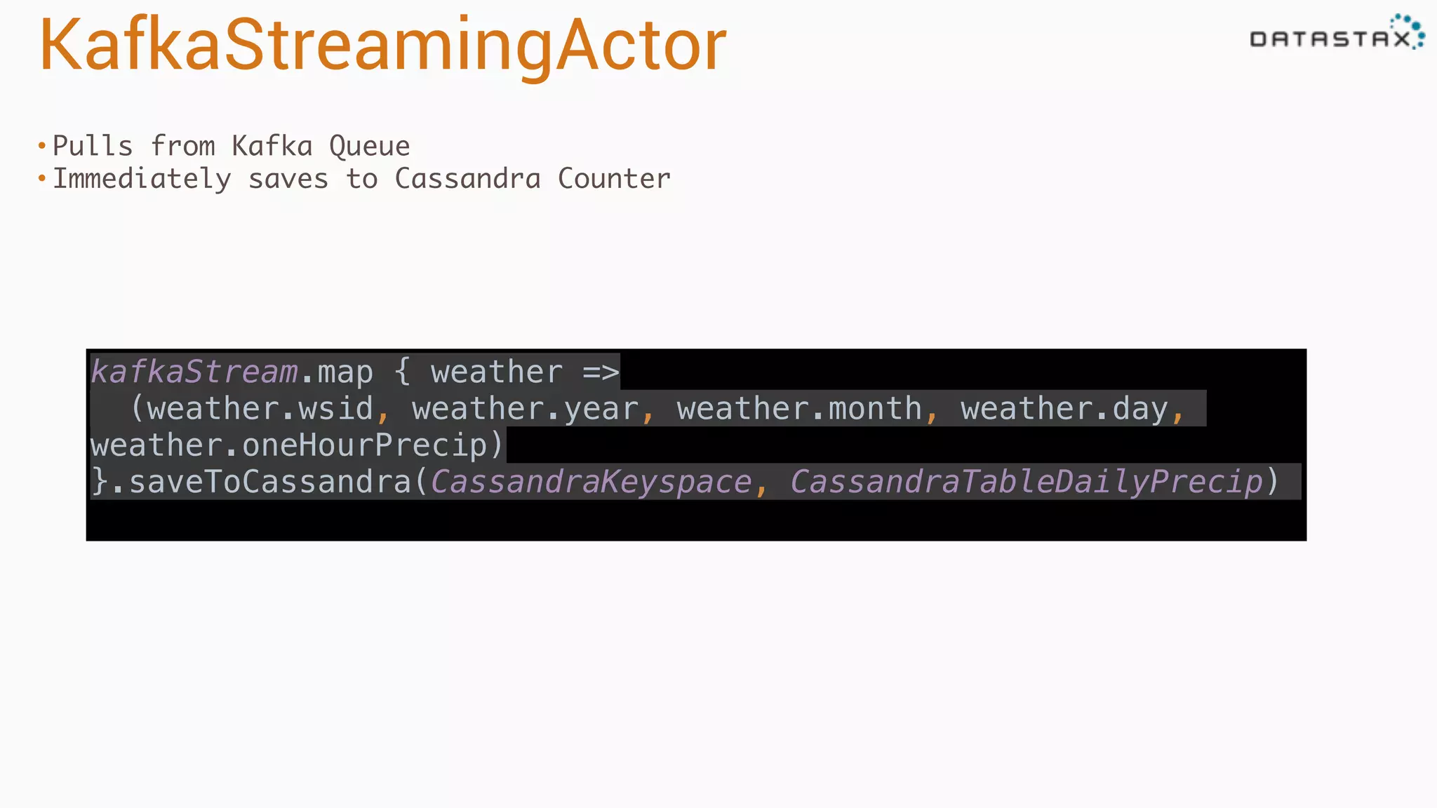 KafkaStreamingActor
• Pulls from Kafka Queue
• Immediately saves to Cassandra Counter
kafkaStream.map { weather => 
(weather.wsid, weather.year, weather.month, weather.day,
weather.oneHourPrecip) 
}.saveToCassandra(CassandraKeyspace, CassandraTableDailyPrecip)
 