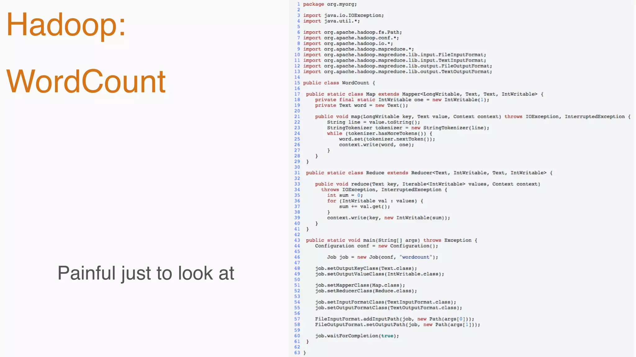 Analytic
Analytic
Search
Hadoop:
WordCount
Painful just to look at
 