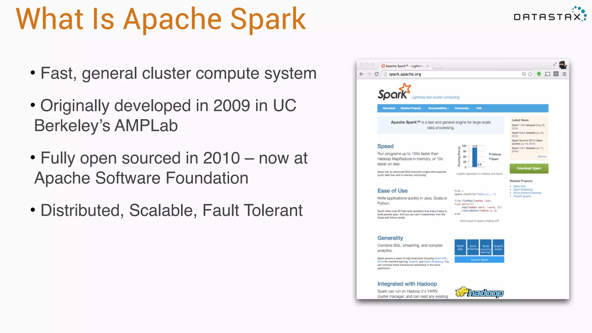 Analytic
Analytic
Search
• Fast, general cluster compute system
• Originally developed in 2009 in UC
Berkeley’s AMPLab
• Fully open sourced in 2010 – now at
Apache Software Foundation
• Distributed, Scalable, Fault Tolerant
What Is Apache Spark
 