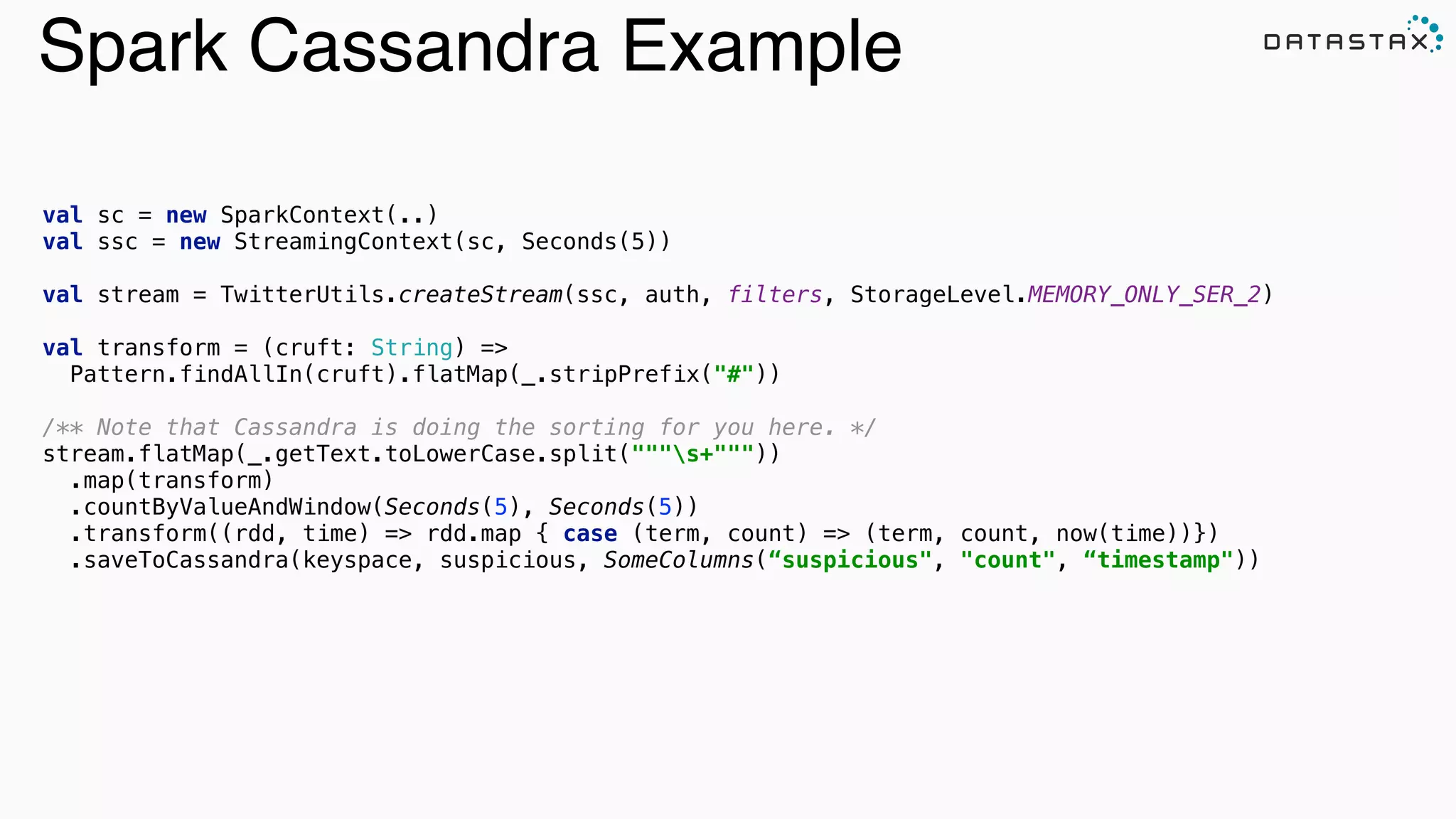 Spark Cassandra Example
val sc = new SparkContext(..)
val ssc = new StreamingContext(sc, Seconds(5))
val stream = TwitterUtils.createStream(ssc, auth, filters, StorageLevel.MEMORY_ONLY_SER_2) 
val transform = (cruft: String) =>
Pattern.findAllIn(cruft).flatMap(_.stripPrefix("#")) 
 
/** Note that Cassandra is doing the sorting for you here. */ 
stream.flatMap(_.getText.toLowerCase.split("""s+""")) 
.map(transform) 
.countByValueAndWindow(Seconds(5), Seconds(5)) 
.transform((rdd, time) => rdd.map { case (term, count) => (term, count, now(time))})
.saveToCassandra(keyspace, suspicious, SomeColumns(“suspicious", "count", “timestamp"))  
 
