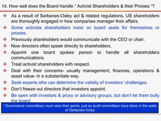  As a result of Sarbanes-Oxley act & related regulations, US shareholders
are thoroughly engaged in how companies manager their affairs.
 Some activists shareholders insist on board seats for themselves or
proxies.
 Previously shareholders would communicate with the CEO or chair.
 Now directors often speak directly to shareholders.
 Appoint one board spokes person to handle all shareholders
communications.
 Treat activist shareholders with respect.
 Deal with their concerns- usually management, finances, operations &
asset value- in a substantiate way.
 Seek experts who can determine the validity of investors’ challenges.
 Don’t freeze out directors that investors appoint.
 Be open with investors & proxy or advisory groups, but don’t let them bully
the board .
14. How well does the Board handle “ Activist Shareholders & their Proxies “?
“ Governance committees must raise their game, just as audit committees have done in the wake
of Sarbanes-Oxley
 