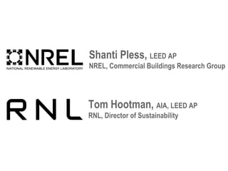 Shanti Pless, LEED AP
NREL, Commercial Buildings Research Group




Tom Hootman, AIA, LEED AP
RNL, Director of Sustainability
 