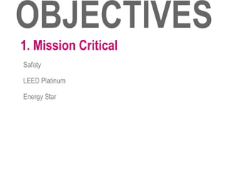 1. Mission Critical
Safety

LEED Platinum

Energy Star
 