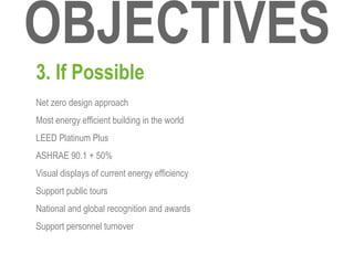 3. If Possible
Net zero design approach
Most energy efficient building in the world
LEED Platinum Plus
ASHRAE 90.1 + 50%
Visual displays of current energy efficiency
Support public tours
National and global recognition and awards
Support personnel turnover
 