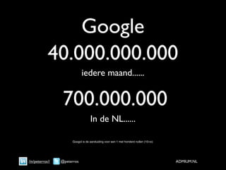 Google
           40.000.000.000
                            iedere maand......


                 700.000.000
                                  In de NL......

                     Googol is de aanduiding voor een 1 met honderd nullen (10100)




/in/peterros1   @peterros                                                            ADMIUM.NL
 