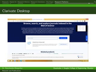 Research Digital Id Research Metrics Research Databases The Paper Research Platforms Rep
Clarivate Desktop
Dr. Ramchandra Mangrulkar Dwarkadas J. Sanghvi College of Engineering, Mumbai
Research and Publications
 