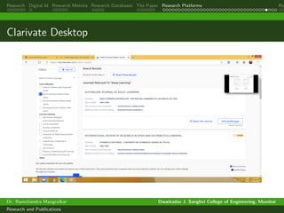 Research Digital Id Research Metrics Research Databases The Paper Research Platforms Rep
Clarivate Desktop
Dr. Ramchandra Mangrulkar Dwarkadas J. Sanghvi College of Engineering, Mumbai
Research and Publications
 