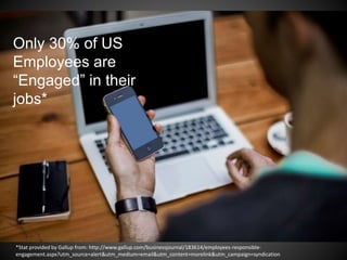 Only 30% of US
Employees are
“Engaged” in their
jobs*
*Stat provided by Gallup from: http://www.gallup.com/businessjournal/183614/employees-responsible-
engagement.aspx?utm_source=alert&utm_medium=email&utm_content=morelink&utm_campaign=syndication
 