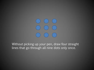 Without picking up your pen, draw four straight
lines that go through all nine dots only once.
 
