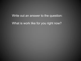Write out an answer to the question:
What is work like for you right now?
 
