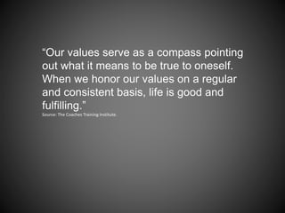 “Our values serve as a compass pointing
out what it means to be true to oneself.
When we honor our values on a regular
and consistent basis, life is good and
fulfilling.”
Source: The Coaches Training Institute.
 