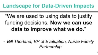 Landscape for Data-Driven Impacts
1
“We are used to using data to justify
funding decisions. Now we can use
data to improve what we do.”
- Bill Thorland, VP of Evaluation, Nurse Family
Partnership
 