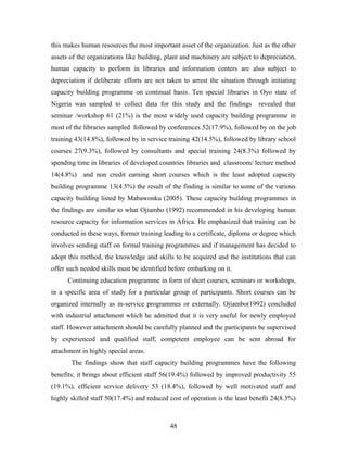 this makes human resources the most important asset of the organization. Just as the other
assets of the organizations like building, plant and machinery are subject to depreciation,
human capacity to perform in libraries and information centers are also subject to
depreciation if deliberate efforts are not taken to arrest the situation through initiating
capacity building programme on continual basis. Ten special libraries in Oyo state of
Nigeria was sampled to collect data for this study and the findings

revealed that

seminar /workshop 61 (21%) is the most widely used capacity building programme in
most of the libraries sampled followed by conferences 52(17.9%), followed by on the job
training 43(14.8%), followed by in service training 42(14.5%), followed by library school
courses 27(9.3%), followed by consultants and special training 24(8.3%) followed by
spending time in libraries of developed countries libraries and classroom/ lecture method
14(4.8%) and non credit earning short courses which is the least adopted capacity
building programme 13(4.5%) the result of the finding is similar to some of the various
capacity building listed by Mabawonku (2005). These capacity building programmes in
the findings are similar to what Ojiambo (1992) recommended in his developing human
resource capacity for information services in Africa. He emphasized that training can be
conducted in these ways, former training leading to a certificate, diploma or degree which
involves sending staff on formal training programmes and if management has decided to
adopt this method, the knowledge and skills to be acquired and the institutions that can
offer such needed skills must be identified before embarking on it.
Continuing education programme in form of short courses, seminars or workshops,
in a specific area of study for a particular group of participants. Short courses can be
organized internally as in-service programmes or externally. Ojiambo(1992) concluded
with industrial attachment which he admitted that it is very useful for newly employed
staff. However attachment should be carefully planned and the participants be supervised
by experienced and qualified staff, competent employee can be sent abroad for
attachment in highly special areas.
The findings show that staff capacity building programmes have the following
benefits; it brings about efficient staff 56(19.4%) followed by improved productivity 55
(19.1%), efficient service delivery 53 (18.4%), followed by well motivated staff and
highly skilled staff 50(17.4%) and reduced cost of operation is the least benefit 24(8.3%)

48

 