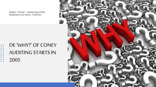 DE ‘WHY?’ OF CONEY
AUDITING STARTS IN
2005
Modern– Smarter – introducing an Audit
Dashboard to our clients– Fixed Fees
 