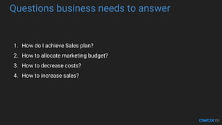 Questions business needs to answer
1. How do I achieve Sales plan?
2. How to allocate marketing budget?
3. How to decrease costs?
4. How to increase sales?
 