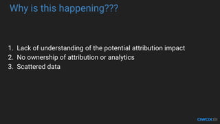 Why is this happening???
1. Lack of understanding of the potential attribution impact
2. No ownership of attribution or analytics
3. Scattered data
 