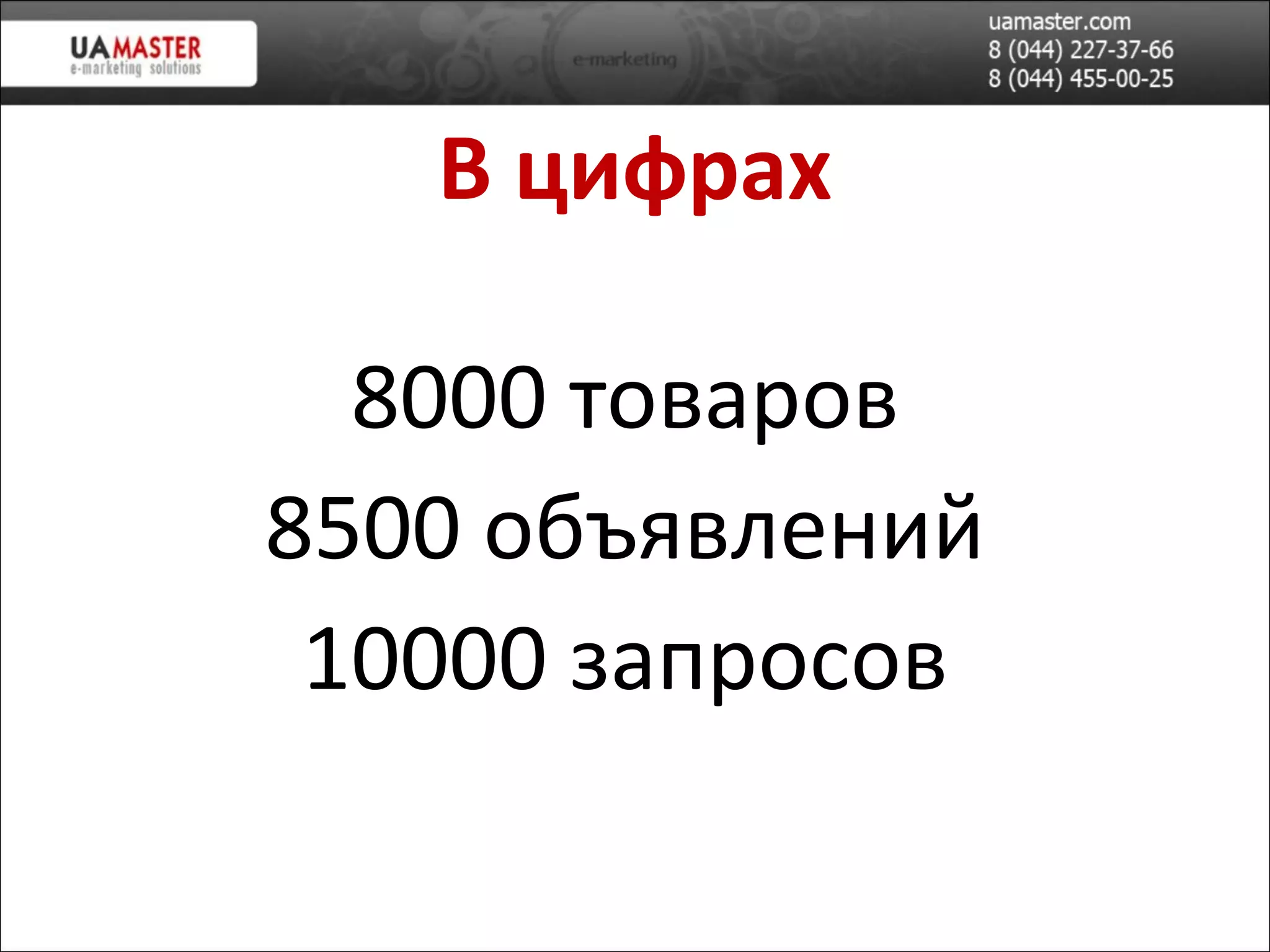 В цифрах 8000 товаров 8500 объявлений 10000 запросов 