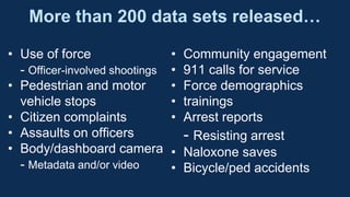 More than 200 data sets released…
• Use of force
- Officer-involved shootings
• Pedestrian and motor
vehicle stops
• Citizen complaints
• Assaults on officers
• Body/dashboard camera
- Metadata and/or video
• Community engagement
• 911 calls for service
• Force demographics
• trainings
• Arrest reports
- Resisting arrest
• Naloxone saves
• Bicycle/ped accidents
 
