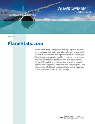 Aviation, Aerospace & Defense




Infosheet




PlaneStats.com
                             PlaneStats.com by Oliver Wyman brings together reliable
                             cross-industry data and a powerful collection of analytical
                             tools that facilitate the development of actionable insights.
                             PlaneStats.com makes it possible to easily access and ana-
                             lyze worldwide airline schedules and fleet composition.
                             For the U.S. market, it is also possible to analyze aircraft-
                             specific operating costs, route-level P&L reporting, the O&D
                             composition of onboard passenger loads, and average fare
                             comparisons across carriers and markets.
 
