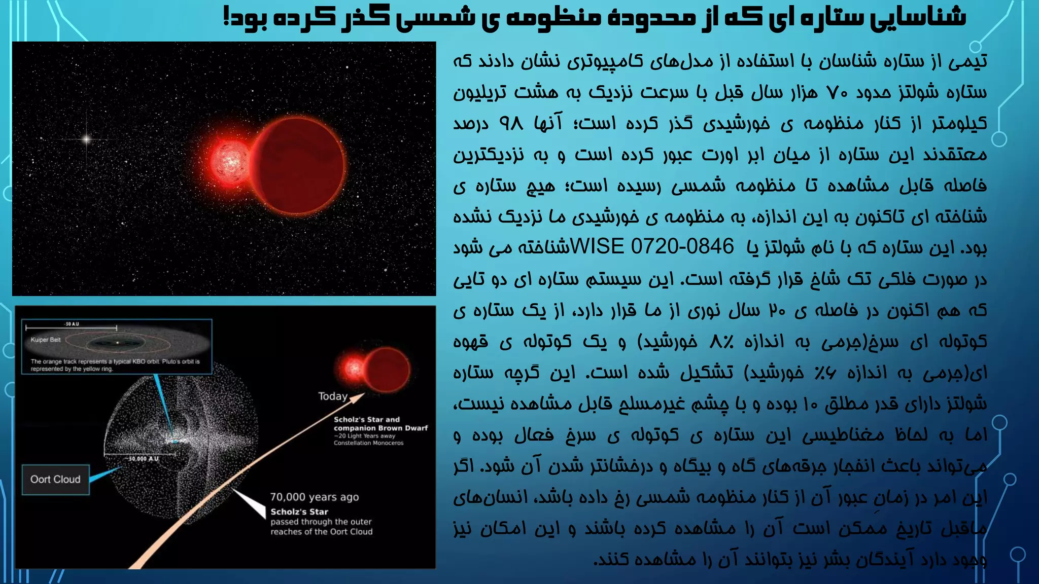 ‫بود‬‫کرده‬‫گذر‬‫شمسی‬‫ی‬‫منظومه‬‫محدودۀ‬‫از‬‫که‬‫ای‬‫ستاره‬‫شناسایی‬!
‫تیمی‬‫از‬‫ستاره‬‫شناسان‬‫با‬‫استفاده‬‫از‬‫های‬‫مدل‬‫کامپیوتری‬‫نشان‬‫د‬‫ادند‬‫که‬
‫ستاره‬‫شولتز‬‫حدود‬۷۰‫هزار‬‫سال‬‫قبل‬‫با‬‫سرعت‬‫نزدیک‬‫به‬‫هشت‬‫تریلیون‬
‫کیلومتر‬‫از‬‫کنار‬‫منظومه‬‫ی‬‫خورشیدی‬‫گذر‬‫کرده‬‫است؛‬‫آنها‬9۸‫درصد‬
‫معتقدند‬‫این‬‫ستاره‬‫از‬‫میان‬‫ابر‬‫اورت‬‫عبور‬‫کرده‬‫است‬‫و‬‫به‬‫نزدیکتری‬‫ن‬
‫فاصله‬‫قابل‬‫مشاهده‬‫تا‬‫منظومه‬‫شمسی‬‫رسیده‬‫است؛‬‫هیچ‬‫ستاره‬‫ی‬
‫شناخته‬‫ای‬‫تاکنون‬‫به‬‫این‬،‫اندازه‬‫به‬‫منظومه‬‫ی‬‫خورشیدی‬‫ما‬‫نزدیک‬‫ن‬‫شده‬
‫بود‬.‫این‬‫ستاره‬‫که‬‫با‬‫نام‬‫شولتز‬‫یا‬WISE 0720-0846‫شناخته‬‫می‬‫شود‬
‫در‬‫صورت‬‫فلکی‬‫تک‬‫شاخ‬‫قرار‬‫گرفته‬‫است‬.‫این‬‫سیستم‬‫ستاره‬‫ای‬‫د‬‫و‬‫تایی‬
‫که‬‫هم‬‫اکنون‬‫در‬‫فاصله‬‫ی‬2۰‫سال‬‫نوری‬‫از‬‫ما‬‫قرار‬،‫دارد‬‫از‬‫یک‬‫ستاره‬‫ی‬
‫کوتوله‬‫ای‬‫سرخ‬(‫جرمی‬‫به‬‫اندازه‬۸%‫خورشید‬)‫و‬‫یک‬‫کوتوله‬‫ی‬‫قهوه‬
‫ای‬(‫جرمی‬‫به‬‫اندازه‬6%‫خورشید‬)‫تشکیل‬‫شده‬‫است‬.‫این‬‫گرچه‬‫ستاره‬
‫شولتز‬‫دارای‬‫قدر‬‫مطلق‬1۰‫بوده‬‫و‬‫با‬‫چشم‬‫غیرمسلح‬‫قابل‬‫مشاهده‬‫نیست‬،
‫اما‬‫به‬‫لحاظ‬‫مغناطیسی‬‫این‬‫ستاره‬‫ی‬‫کوتوله‬‫ی‬‫سرخ‬‫فعال‬‫بوده‬‫و‬
‫تواند‬‫می‬‫باعث‬‫انفجار‬‫های‬‫جرقه‬‫گاه‬‫و‬‫بیگاه‬‫و‬‫درخشانتر‬‫شدن‬‫آن‬‫شو‬‫د‬.‫اگر‬
‫این‬‫امر‬‫در‬‫زمان‬‫عبور‬‫آن‬‫از‬‫کنار‬‫منظومه‬‫شمسی‬‫رخ‬‫داده‬،‫باشد‬‫های‬‫انسان‬
‫ماقبل‬‫تاریخ‬‫ممکن‬‫است‬‫آن‬‫را‬‫مشاهده‬‫کرده‬‫باشند‬‫و‬‫این‬‫امکان‬‫نیز‬
‫وجود‬‫دارد‬‫آیندگان‬‫بشر‬‫نیز‬‫بتوانند‬‫آن‬‫را‬‫مشاهده‬‫کنند‬.
 