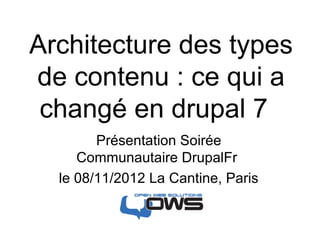 Architecture des types
de contenu : ce qui a
 changé en drupal 7
        Présentation Soirée
     Communautaire DrupalFr
  le 08/11/2012 La Cantine, Paris
 