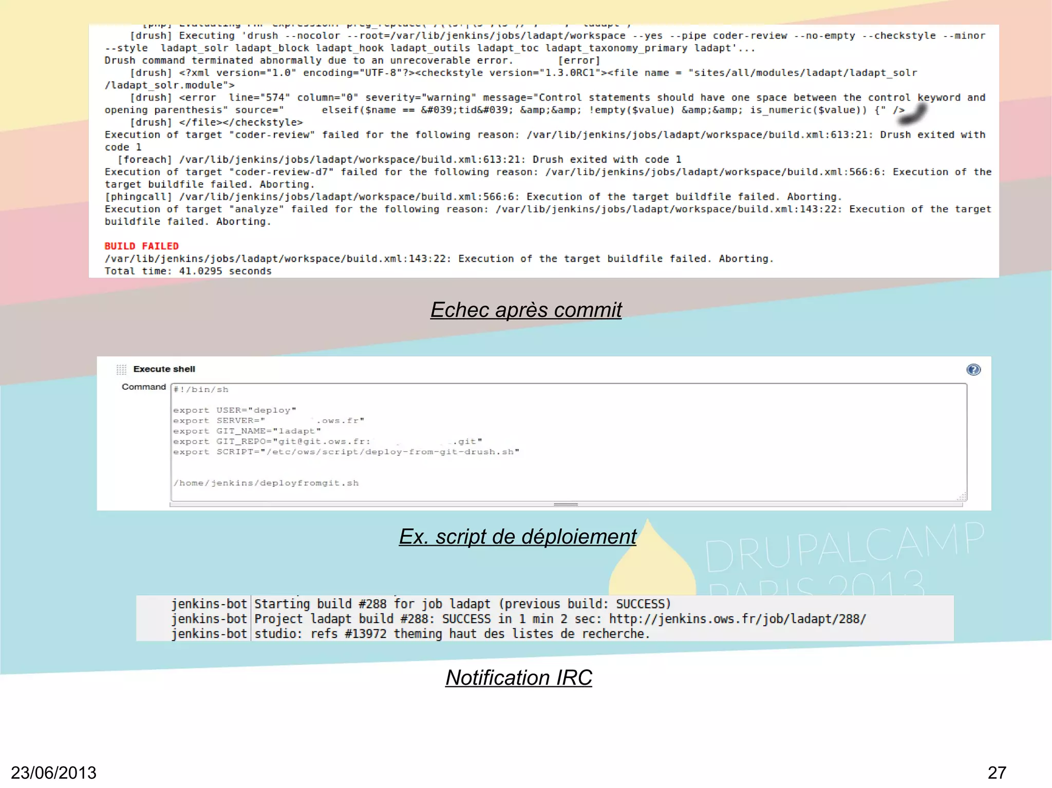2723/06/2013
Echec après commit
Ex. script de déploiement
Notification IRC
 