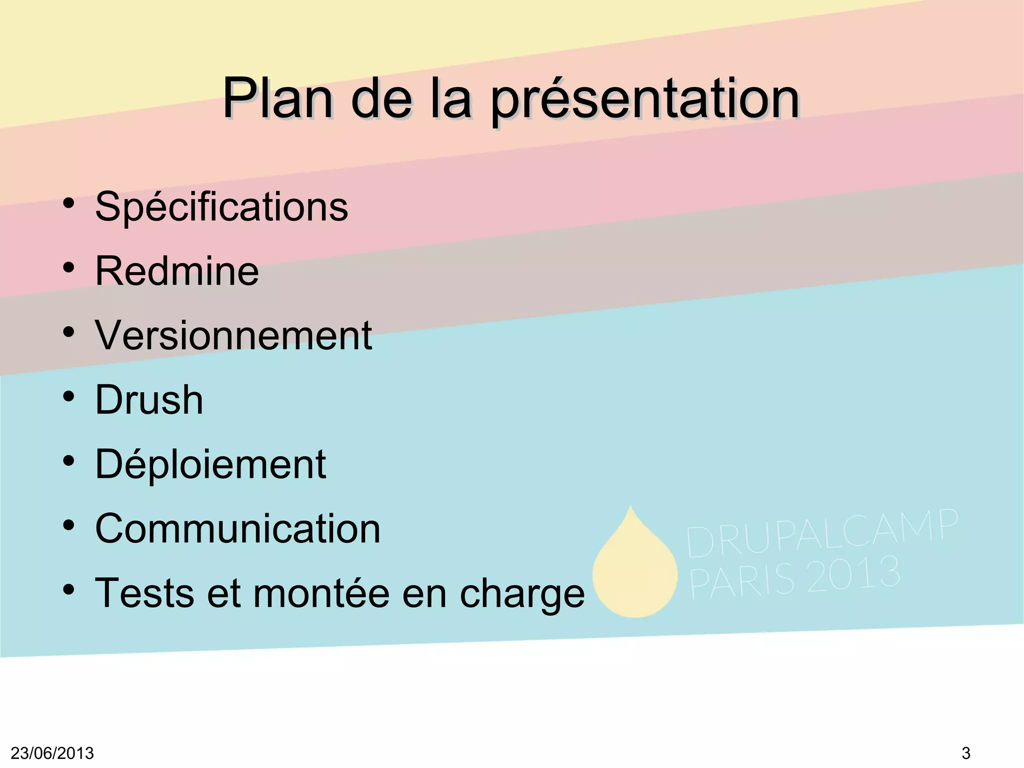 323/06/2013
Plan de la présentationPlan de la présentation

Spécifications

Redmine

Versionnement

Drush

Déploiement

Communication

Tests et montée en charge
 