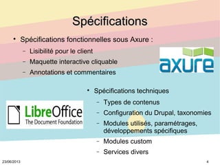 423/06/2013
SpécificationsSpécifications

Spécifications fonctionnelles sous Axure :
− Lisibilité pour le client
− Maquet...