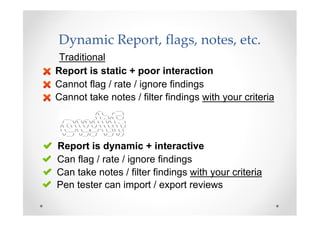 Dynamic Report, flags, notes, etc.
 Traditional
Report is static + poor interaction
Cannot flag / rate / ignore findings
C...