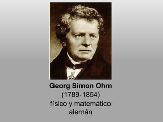 Georg Simon Ohm
(1789-1854)
físico y matemático
alemán
Georg Simon Ohm
(1789-1854)
físico y matemático
alemán
Georg Simon Ohm
(1789-1854)
físico y matemático
alemán
 