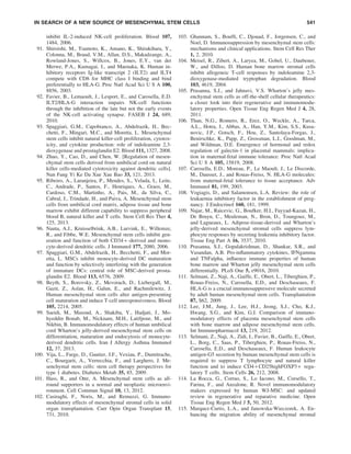inhibit IL-2-induced NK-cell proliferation. Blood 107,
1484, 2006.
91. Shiroishi, M., Tsumoto, K., Amano, K., Shirakihara, Y.,
Colonna, M., Braud, V.M., Allan, D.S., Makadzange, A.,
Rowland-Jones, S., Willcox, B., Jones, E.Y., van der
Merwe, P.A., Kumagai, I., and Maenaka, K. Human in-
hibitory receptors Ig-like transcript 2 (ILT2) and ILT4
compete with CD8 for MHC class I binding and bind
preferentially to HLA-G. Proc Natl Acad Sci U S A 100,
8856, 2003.
92. Favier, B., Lemaoult, J., Lesport, E., and Carosella, E.D.
ILT2/HLA-G interaction impairs NK-cell functions
through the inhibition of the late but not the early events
of the NK-cell activating synapse. FASEB J 24, 689,
2010.
93. Spaggiari, G.M., Capobianco, A., Abdelrazik, H., Bec-
chetti, F., Mingari, M.C., and Moretta, L. Mesenchymal
stem cells inhibit natural killer-cell proliferation, cytotox-
icity, and cytokine production: role of indoleamine 2,3-
dioxygenase and prostaglandin E2. Blood 111, 1327, 2008.
94. Zhao, Y., Cao, D., and Chen, W. [Regulation of mesen-
chymal stem cells derived from umbilical cord on natural
killer cells-mediated cytotoxicity against dendritic cells].
Nan Fang Yi Ke Da Xue Xue Bao 33, 121, 2013.
95. Ribeiro, A., Laranjeira, P., Mendes, S., Velada, I., Leite,
C., Andrade, P., Santos, F., Henriques, A., Graos, M.,
Cardoso, C.M., Martinho, A., Pais, M., da Silva, C.,
Cabral, J., Trindade, H., and Paiva, A. Mesenchymal stem
cells from umbilical cord matrix, adipose tissue and bone
marrow exhibit different capability to suppress peripheral
blood B, natural killer and T cells. Stem Cell Res Ther 4,
125, 2013.
96. Nauta, A.J., Kruisselbrink, A.B., Lurvink, E., Willemze,
R., and Fibbe, W.E. Mesenchymal stem cells inhibit gen-
eration and function of both CD34 + -derived and mono-
cyte-derived dendritic cells. J Immunol 177, 2080, 2006.
97. Spaggiari, G.M., Abdelrazik, H., Becchetti, F., and Mor-
etta, L. MSCs inhibit monocyte-derived DC maturation
and function by selectively interfering with the generation
of immature DCs: central role of MSC-derived prosta-
glandin E2. Blood 113, 6576, 2009.
98. Beyth, S., Borovsky, Z., Mevorach, D., Liebergall, M.,
Gazit, Z., Aslan, H., Galun, E., and Rachmilewitz, J.
Human mesenchymal stem cells alter antigen-presenting
cell maturation and induce T-cell unresponsiveness. Blood
105, 2214, 2005.
99. Saeidi, M., Masoud, A., Shakiba, Y., Hadjati, J., Mo-
hyeddin Bonab, M., Nicknam, M.H., Latifpour, M., and
Nikbin, B. Immunomodulatory effects of human umbilical
cord Wharton’s jelly-derived mesenchymal stem cells on
differentiation, maturation and endocytosis of monocyte-
derived dendritic cells. Iran J Allergy Asthma Immunol
12, 37, 2013.
100. Vija, L., Farge, D., Gautier, J.F., Vexiau, P., Dumitrache,
C., Bourgarit, A., Verrecchia, F., and Larghero, J. Me-
senchymal stem cells: stem cell therapy perspectives for
type 1 diabetes. Diabetes Metab 35, 85, 2009.
101. Hass, R., and Otte, A. Mesenchymal stem cells as all-
round supporters in a normal and neoplastic microenvi-
ronment. Cell Commun Signal 10, 13, 2012.
102. Casiraghi, F., Noris, M., and Remuzzi, G. Immuno-
modulatory effects of mesenchymal stromal cells in solid
organ transplantation. Curr Opin Organ Transplant 15,
731, 2010.
103. Ghannam, S., Boufﬁ, C., Djouad, F., Jorgensen, C., and
Noel, D. Immunosuppression by mesenchymal stem cells:
mechanisms and clinical applications. Stem Cell Res Ther
1, 2, 2010.
104. Meisel, R., Zibert, A., Laryea, M., Gobel, U., Daubener,
W., and Dilloo, D. Human bone marrow stromal cells
inhibit allogeneic T-cell responses by indoleamine 2,3-
dioxygenase-mediated tryptophan degradation. Blood
103, 4619, 2004.
105. Prasanna, S.J., and Jahnavi, V.S. Wharton’s jelly mes-
enchymal stem cells as off-the-shelf cellular therapeutics:
a closer look into their regenerative and immunomodu-
latory properties. Open Tissue Eng Regen Med J 4, 28,
2011.
106. Than, N.G., Romero, R., Erez, O., Weckle, A., Tarca,
A.L., Hotra, J., Abbas, A., Han, Y.M., Kim, S.S., Kusa-
novic, J.P., Gotsch, F., Hou, Z., Santolaya-Forgas, J.,
Benirschke, K., Papp, Z., Grossman, L.I., Goodman, M.,
and Wildman, D.E. Emergence of hormonal and redox
regulation of galectin-1 in placental mammals: implica-
tion in maternal-fetal immune tolerance. Proc Natl Acad
Sci U S A 105, 15819, 2008.
107. Carosella, E.D., Moreau, P., Le Maoult, J., Le Discorde,
M., Dausset, J., and Rouas-Freiss, N. HLA-G molecules:
from maternal-fetal tolerance to tissue acceptance. Adv
Immunol 81, 199, 2003.
108. Vogiagis, D., and Salamonsen, L.A. Review: the role of
leukaemia inhibitory factor in the establishment of preg-
nancy. J Endocrinol 160, 181, 1999.
109. Najar, M., Raicevic, G., Boufker, H.I., Fayyad-Kazan, H.,
De Bruyn, C., Meuleman, N., Bron, D., Toungouz, M.,
and Lagneaux, L. Adipose-tissue-derived and Wharton’s
jelly-derived mesenchymal stromal cells suppress lym-
phocyte responses by secreting leukemia inhibitory factor.
Tissue Eng Part A 16, 3537, 2010.
110. Prasanna, S.J., Gopalakrishnan, D., Shankar, S.R., and
Vasandan, A.B. Pro-inﬂammatory cytokines, IFNgamma
and TNFalpha, inﬂuence immune properties of human
bone marrow and Wharton jelly mesenchymal stem cells
differentially. PLoS One 5, e9016, 2010.
111. Selmani, Z., Naji, A., Gaiffe, E., Obert, L., Tiberghien, P.,
Rouas-Freiss, N., Carosella, E.D., and Deschaseaux, F.
HLA-G is a crucial immunosuppressive molecule secreted
by adult human mesenchymal stem cells. Transplantation
87, S62, 2009.
112. Lee, J.M., Jung, J., Lee, H.J., Jeong, S.J., Cho, K.J.,
Hwang, S.G., and Kim, G.J. Comparison of immuno-
modulatory effects of placenta mesenchymal stem cells
with bone marrow and adipose mesenchymal stem cells.
Int Immunopharmacol 13, 219, 2012.
113. Selmani, Z., Naji, A., Zidi, I., Favier, B., Gaiffe, E., Obert,
L., Borg, C., Saas, P., Tiberghien, P., Rouas-Freiss, N.,
Carosella, E.D., and Deschaseaux, F. Human leukocyte
antigen-G5 secretion by human mesenchymal stem cells is
required to suppress T lymphocyte and natural killer
function and to induce CD4 + CD25highFOXP3 + regu-
latory T cells. Stem Cells 26, 212, 2008.
114. La Rocca, G., Corrao, S., Lo Iacono, M., Corsello, T.,
Farina, F., and Anzalone, R. Novel immunomodulatory
makers expressed by human WJ-MSC: and updated
review in regenerative and reparative medicine. Open
Tissue Eng Regen Med J 5, 50, 2012.
115. Marquez-Curtis, L.A., and Janowska-Wieczorek, A. En-
hancing the migration ability of mesenchymal stromal
IN SEARCH OF A NEW SOURCE OF MESENCHYMAL STEM CELLS 541
 