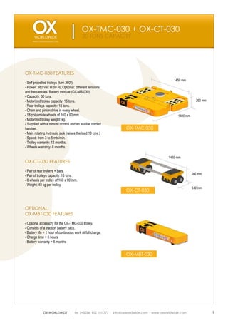 OX-TMC-030 + OX-CT-030
                                           30 TONS CAPACITY
     WWW.OXWORLDWIDE.COM




OX-TMC-030 FEATURES
                                                                                         1450 mm
- Self propelled trolleys (turn 360º).
- Power: 380 Vac III 50 Hz.Optional: different tensions
and frequencies. Battery module (OX-MB-030).
- Capacity: 30 tons.
- Motorized trolley capacity: 15 tons.                                                                  250 mm
- Rear trolleys capacity: 15 tons.
- Chain and pinion drive in every wheel.
- 18 polyamide wheels of 160 x 90 mm.                                                       1400 mm
- Motorized trolley weight: kg.
- Supplied with a remote control and an auxiliar corded
handset.                                                     OX-TMC-030
- Main rotating hydraulic jack (raises the load 10 cms.)
- Speed: from 3 to 5 mts/min.
- Trolley warranty: 12 months.
- Wheels warranty: 6 months.

                                                                                      1450 mm
OX-CT-030 FEATURES

- Pair of rear trolleys + bars.
                                                                                                      240 mm
- Pair of trolleys capacity: 15 tons.
- 6 wheels per trolley of 160 x 90 mm.
- Weight: 40 kg per trolley.
                                                                                                      540 mm
                                                             OX-CT-030


OPTIONAL.
OX-MBT-030 FEATURES

- Optional accessory for the OX-TMC-030 trolley.
- Consists of a traction battery pack.
- Battery life = 1 hour of continuous work at full charge.
- Charge time = 6 hours
- Battery warranty = 6 months


                                                             OX-MBT-030




             OX WORLDWIDE | tel. (+0034) 902 181 777 · info@oxworldwide.com · www.oxworldwide.com                5
 