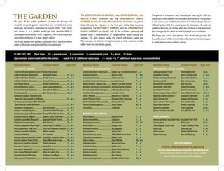 THE GARDEN                                                                                                 The Mediterranean Garden, two Rock Gardens, the
                                                                                                           Native Plant Garden and the Ornamental Grass
                                                                                                                                                                                                         The garden is a research tool. Records are kept by the OXA on
                                                                                                                                                                                                         water use in each garden and on plant performance. The garden
The goal of this public garden is to show the beauty and                                                   Garden nearest the sidewalk contain very low water use plants                                 is also used as an outdoor classroom to teach xeriscape classes
versatile range of garden styles that can be achieved using                                                that will only be irrigated in the first year while they become                               offered by the OXA. It is maintained by volunteers. As with all
xeriscape principles. Xeriscape is much more than rocks                                                    established. The Butterfly Garden and the Ornamental                                          gardens, this one will evolve after the printing of this brochure.
and cactus. It is a garden landscape that requires little to                                               Grass Garden on the far side of the mulched pathway will                                      Any changes to the plant list will be noted on our website.
no supplemental water from irrigation. This is an important                                                always need a small amount of supplemental water during dry                                   We hope you enjoy the garden and share our passion for
concept to embrace in a near-desert valley.                                                                periods. The drip system under the mulch minimizes water use.                                 beautiful, water-efficient and regionally-appropriate landscapes
The 4,000 square foot garden, planted in 2010, has five theme                                              The trees are on their own irrigation zone as their watering needs                            to apply in your own outdoor spaces.
areas to illustrate some possibilities in a xeriscape.                                                     differ from the rest of the plants.


PLANT LIST KEY:                   Plant type:              GC = ground cover                    P = perennial     G = ornamental grass                   S = shrub          T = tree
Approximate water needs within the valley:	  needs 0 to 3” additional water/year                                                           needs 4 to 7” additional water/year, once established

Botanical Name	                                   Common Name	                           Type	 H2O           Botanical Name	                              Common Name	                      Type H2O      Botanical Name	                      Common Name	                Type	 H2O
BUTTERFLY GARDEN                                                                                             MEDITERRANEAN GARDEN                                                                         ORNAMENTAL GRASS GARDEN
 (Plants in the raised garden are part of the Butterfly Garden)                                              Coreopsis verticillata ‘Golden Gain’......... Golden Gain Threadleaf Tickseed	P.....        Andopogon gerardii ‘Bison’	      Bison Big Bluestem	               OG.. 
Achillea millefolium ‘Moonshine’........... Moonshine Yarrow.......................P.....                  Heuchera sanguinea.............................. Red Coral Bells	             P.....       Aster frikartii ‘Monch’	         Monch Summer Aster	               P.....
Achillea millefolium ‘Paprika’................. Paprika Yarrow.............................P.....          Koelreuteria paniculata......................... Golden Rain Tree	            T.....       Berberis thunbergii ‘Monbomb’	   Cherry Bomb Barberry	             S.....
Achillea millefolium ‘Terracotta’............. Terracotta Yarrow.........................P.....            Lavendula x intermedia ‘Grosso’............. Lavender Grosso	                 P.....        Bouteloua gracilis 	             Blue Gramma Grass	                OG.. 
Aster frikartii ‘Monch’............................ Monch Summer Aster..................P.....             Nepeta racemosa ‘Walker’s Low’............ Walker’s Low Blue Catmint	         P.....        Helictotrichon sempervirens	     Blue Oat Grass	                   OG.. 
Berberis thunbergii ‘Gentry’................... Royal Burgundy Barberry.............S.....                 Oenothera macrocarpa (missouriensis).. Missouri Evening Primrose	             P.....        Hemerocallis ‘Stella d’Oro’	     Stella d’Oro Daylily	             P.....
Berberis thunbergii ‘Monbomb’............. Cherry Bomb Barberry.................S.....                     Perovskia atriplicifolia ‘Little Spire’ ....... Little Spire Russian Sage	    P.....        Lavendula ‘Silver Frost’	        Silver Frost Lavender	            P.....
Bouteloua gracilis ................................. Blue Gramma Grass......................OG...           Santolina chamaecyparissus.................. Lavender Cotton	                 P.....        Panicum virgatum ‘Heavy Metal’	  Heavy Metal Switch Grass	         OG.. 
Campanula carpatica ‘Deep Blue Clips’..                                                                      Sedum ‘Matrona’................................... Matrona Tall Stonecrop	    P.....        Rudbeckia fulgida ‘Goldsturm’	   Goldsturm Coneflower	             P.....
  Deep Blue Clips Carpathian Bellflower....................................................P.....          Sedum ‘Postman’s Pride’........................ Postman’s Pride Stonecrop	    P.....        Sedum ‘Autumn Fire’ 	            Autumn Fire Stonecrop	            P.....
Campanula poscharskyana ‘Blue Waterfall’                                                                     Stachys byzantina ‘Helen von Stein’....... Giant Lamb’s Ears	                 P.....        Sedum cyaneum ‘Rose Carpet’	     Rose Carpet Sedum	                P.....
  Blue Waterfall Serbian Bellflower............................................................P.....      Thymus pseudolanuginosus................... Wooly Thyme	                      GC...         Sedum kamtschaticum	             Russian Stonecrop	                P.....
Caryopteris x clandonensis .................... Blue Mist Spirea...........................S.....          Yucca glauca.......................................... Soapweed	              S.....        Sporobolus heterolepis	          Prairie Dropseed	                 OG.. 
Coreopsis verticillata ‘Zagreb’................. Zagreb Threadleaf Tickseed..........P.....                                                                                                             Syringa reticulata ‘Ivory Silk’	 Ivory Silk Lilac Tree	            T.....
Deschampsia cespitosa ‘Bronzeschleier’. Bronze Veil Tufted Hair Grass........OG...                         NATIVE PLANT GARDEN
Echinacea purpurea ‘Magnus’................ Magnus Purple Coneflower..........P.....                       Allium cernuum..................................... Nodding Onion	               P.....     ROCK GARDENS
Gaillardia x grandiflora ‘Burgundy’........ Burgundy Blanket Flower............P.....                       Amelanchier alnifolia............................ Saskatoon	                     S.....     Armeria martitima ‘Dusseldorf Pride’	 Dusseldorf Pride Thrift	     P.....
Helictotrichon sempervirens................... Blue Oat Grass..............................OG...            Arctostapholus uva-ursi......................... Kinnickinnick	                  GC...     Festuca glauca 	                      Blue Fescue	                 OG.. 
Heuchera sanguinea ‘Palace Purple’. ..... Palace Purple Coral Bells .............P.....                    Arnica fulgens....................................... Orange Arnica	             P.....     Phlox douglasii ‘Cracker Jack’	       Cracker Jack Moss Phlox	     P.....
Iberis sempervirens ‘Little Gem’............. Little Gem Evergreen Candytuft...P.....                      Artemesia tridentata............................. Big Sagebrush	                 S.....     Sedum spp.	                           Stonecrop spp.	              P.....
Juniperus scopulorum ‘Medora’. ............ Medora Juniper............................S.....                Aster conspicuus.................................... Showy Aster	                P.....     Sedum spurium	                        Dragon’s Blood Sedum	        P.....
Limonium latifolium.............................. Sea Lavender...............................P.....        Aster ericoides ssp. pansus..................... Tufted White Prairie Aster	     P.....     Sempervivum spp.	                     Hen and Chicks spp.	         P.....
Monarda didyma ‘Cambridge Scarlet’. .. Cambridge Scarlet Bee Balm........P.....                            Chrysothamnus nauseosus.................... Rabbit-brush	                        S..... 
Panicum virgatum ‘Heavy Metal’........... Heavy Metal Switch Grass............OG...                        Elymus cinereus..................................... Giant Wild Rye	             OG... 
Physocarpus opulifolius ‘Diabolo’. ......... Diabolo Ninebark.........................S.....               Gaillardia aristata.................................. Brown Eyed Susan	          P.....                                 Visit our website:
Rosa rugosa ‘Hansa’............................... Hansa Rose..................................S.....      Heterotheca villosa................................ Golden Aster	                P.....                 www.okanaganxeriscape.org
Rosa rugosa ‘Nearly Wild’...................... Nearly Wild Rose..........................S.....           Heuchera cylindrica............................... Round-leaved Alumroot	        P.....           for the plant database containing full details and
Rosa x rugosa ‘Blanc de Coubert’ .......... Blanc de Coubert Rose.................S.....                   Holodiscus discolor................................ Ocean Spray	                 S.....            photos of these plants and many more, and for
Rudbeckia fulgida ‘Goldsturm’............... Goldsturm Coneflower.................P.....                   Philadelphus lewisii............................... Mock Orange	                 S.....                  more information about the garden.
Salvia x sylvestris ‘Caradonna’ ............... Caradonna Perennial Salvia.........P.....                  Pseudoregneria spicatum...................... Blue Bunch Wheat Grass	            OG... 
 