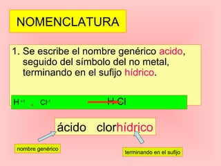 NOMENCLATURA
1. Se escribe el nombre genérico acido,
seguido del símbolo del no metal,
terminando en el sufijo hídrico.
H+1
+ Cl-1
H Cl
ácido clorhídrico
nombre genérico
terminando en el sufijo
 