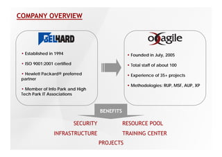 COMPANY OVERVIEW




 • Established in 1994                              • Founded in July, 2005

 • ISO 9001:2001 certified                          • Total staff of about 100

 • Hewlett Packard® preferred                       • Experience of 35+ projects
 partner
                                                    • Methodologies: RUP, MSF, AUP, XP
 • Member of Info Park and High
 Tech Park IT Associations



                                        BENEFITS

                             SECURITY              RESOURCE POOL
                 INFRASTRUCTURE                    TRAINING CENTER
                                        PROJECTS
 