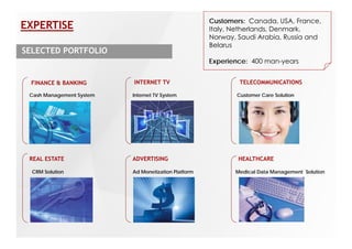 Customers: Canada, USA, France,
EXPERTISE                                            Italy, Netherlands, Denmark,
                                                     Norway, Saudi Arabia, Russia and
                                                             y,            ,
                                                     Belarus
SELECTED PORTFOLIO
                                                     Experience: 400 man-years


 FINANCE & BANKING        INTERNET TV                        TELECOMMUNICATIONS

 Cash Management System   Internet TV System                Customer Care Solution




 REAL ESTATE              ADVERTISING                        HEALTHCARE

  CRM Solution            Ad Monetization Platform          Medical Data Management Solution
 