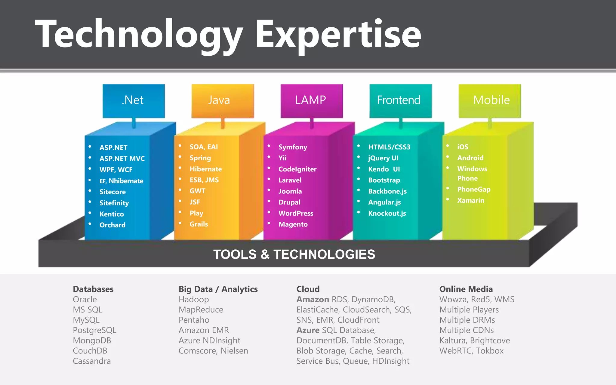 Technology Expertise
Databases
Oracle
MS SQL
MySQL
PostgreSQL
MongoDB
CouchDB
Cassandra
Big Data / Analytics
Hadoop
MapReduce
Pentaho
Amazon EMR
Azure NDInsight
Comscore, Nielsen
Cloud
Amazon RDS, DynamoDB,
ElastiCache, CloudSearch, SQS,
SNS, EMR, CloudFront
Azure SQL Database,
DocumentDB, Table Storage,
Blob Storage, Cache, Search,
Service Bus, Queue, HDInsight
Online Media
Wowza, Red5, WMS
Multiple Players
Multiple DRMs
Multiple CDNs
Kaltura, Brightcove
WebRTC, Tokbox
.Net Java LAMP Frontend Mobile
• ASP.NET
• ASP.NET MVC
• WPF, WCF
• EF, Nhibernate
• Sitecore
• Sitefinity
• Kentico
• Orchard
• SOA, EAI
• Spring
• Hibernate
• ESB, JMS
• GWT
• JSF
• Play
• Grails
• Symfony
• Yii
• CodeIgniter
• Laravel
• Joomla
• Drupal
• WordPress
• Magento
• HTML5/CSS3
• jQuery UI
• Kendo UI
• Bootstrap
• Backbone.js
• Angular.js
• Knockout.js
• iOS
• Android
• Windows
Phone
• PhoneGap
• Xamarin
TOOLS & TECHNOLOGIES
 