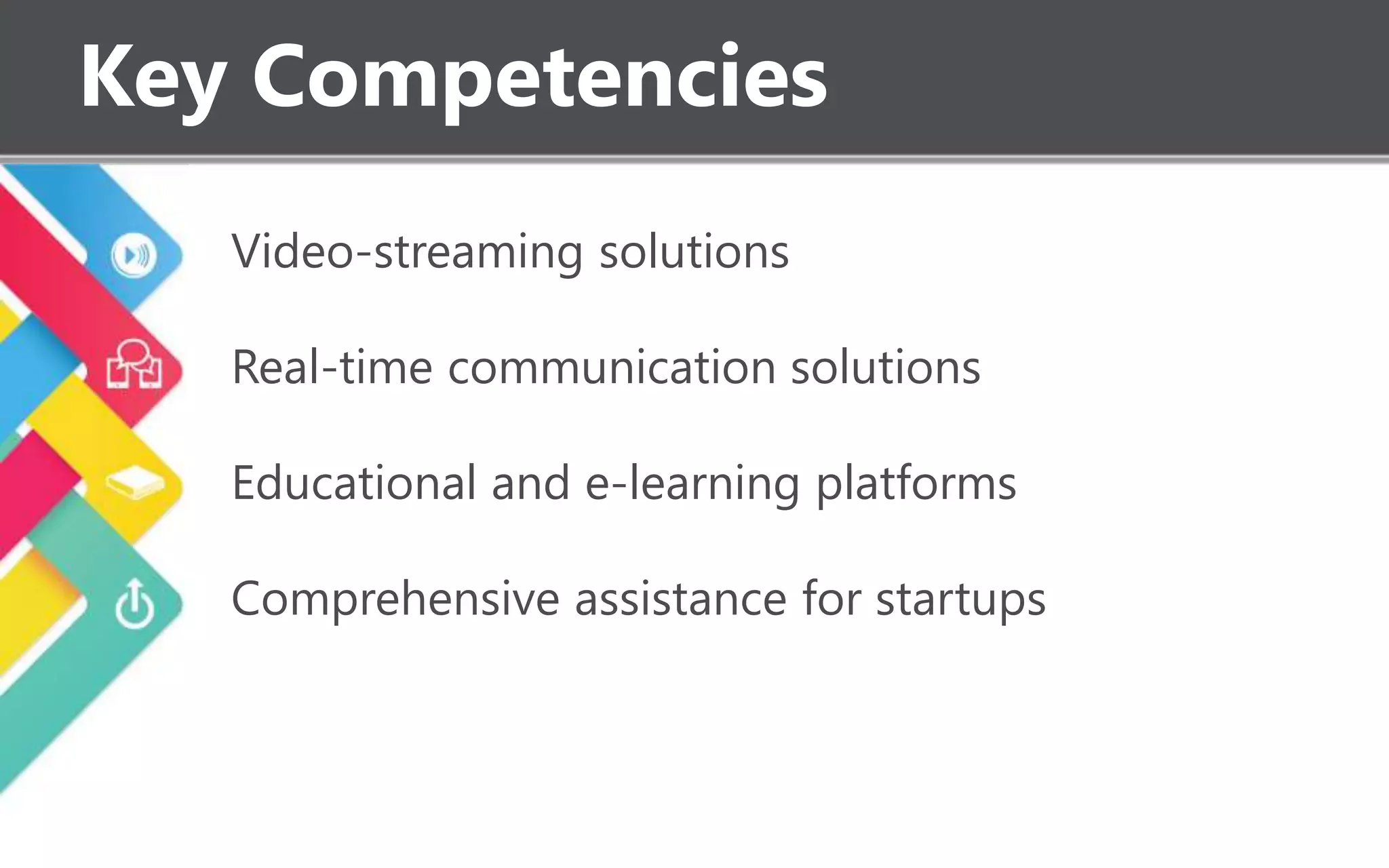 Key Competencies
Video-streaming solutions
Real-time communication solutions
Educational and e-learning platforms
Comprehensive assistance for startups
 