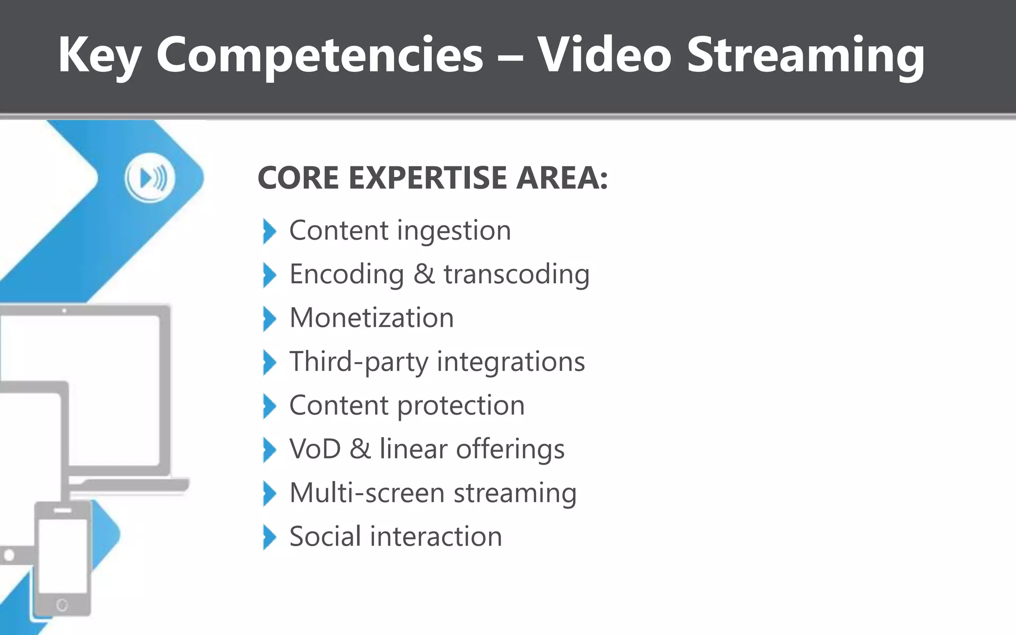 Key Competencies – Video Streaming
CORE EXPERTISE AREA:
Content ingestion
Encoding & transcoding
Monetization
Third-party integrations
Content protection
VoD & linear offerings
Multi-screen streaming
Social interaction
 