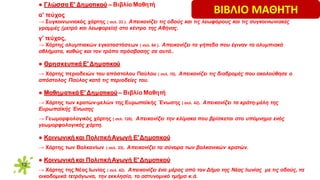 12
● Γλώσσα Ε′ Δημοτικού – Βιβλίο Μαθητή
α′ τεύχος
→ Συγκοινωνιακός χάρτης ( σελ. 33 ). Απεικονίζει τις οδούς και τις λεωφόρους και τις συγκοινωνιακές
γραμμές (μετρό και λεωφορεία) στο κέντρο της Αθήνας.
γ′ τεύχος,
→ Χάρτης ολυμπιακών εγκαταστάσεων ( σελ. 64 ). Απεικονίζει τα γήπεδα που έγιναν τα ολυμπιακά
αθλήματα, καθώς και τον τρόπο πρόσβασης σε αυτά..
● Θρησκευτικά Ε′ Δημοτικού
→ Χάρτης περιοδειών του απόστολου Παύλου ( σελ. 10). Απεικονίζει τις διαδρομές που ακολούθησε ο
απόστολος Παύλος κατά τις περιοδείες του.
● Μαθηματικά Ε′ Δημοτικού – Βιβλίο Μαθητή
→ Χάρτης των κρατών-μελών της Ευρωπαϊκής Ένωσης ( σελ. 42). Απεικονίζει τα κράτη-μέλη της
Eυρωπαϊκής Ένωσης
→ Γεωμορφολογικός χάρτης ( σελ. 128). Απεικονίζει την κλίμακα που βρίσκεται στο υπόμνημα ενός
γεωμορφολογικός χάρτη.
● Κοινωνική και ΠολιτικήΑγωγή Ε′ Δημοτικού
→ Χάρτης των Βαλκανίων ( σελ. 23). Απεικονίζει τα σύνορα των βαλκανικών κρατών.
● Κοινωνική και ΠολιτικήΑγωγή Ε′ Δημοτικού
→ Χάρτης της Νέας Ιωνίας ( σελ. 42). Απεικονίζει ένα μέρος από τον Δήμο της Νέας Ιωνίας με τις οδούς, τα
οικοδομικά τετράγωνα, την εκκλησία, το αστυνομικό τμήμα κ.ά.
ΒΙΒΛΙΟ ΜΑΘΗΤΗ
 