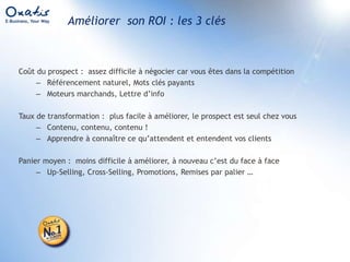 Améliorer son ROIProspectsfroidsJ’investis en payant moins cherPar exemple, 100 Clics à 0,15 € = 15€Je convertis plus efficacementPar exemple, je passe de 2% à 4%J’obtiens des paniers plus importantsPar exemple, je passe de 50€ à 55€Donc, je vends plus ! 4 ventes à 55 € = 220€ 40 % de marge = 88 €Je regarde mon résultat Je dépense 15€ , je gagne 88€Où ai-je gagné le plus efficacement ?ProspectschaudsClients