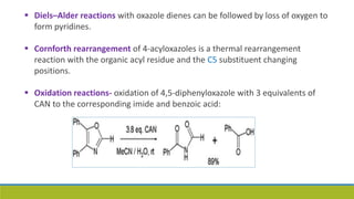 Diels–Alder reactions with oxazole dienes can be followed by loss of oxygen to
form pyridines.
 Cornforth rearrangement of 4-acyloxazoles is a thermal rearrangement
reaction with the organic acyl residue and the C5 substituent changing
positions.
 Oxidation reactions- oxidation of 4,5-diphenyloxazole with 3 equivalents of
CAN to the corresponding imide and benzoic acid:
 
