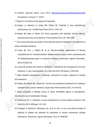 29
31. Sivextro approval history June 2014, http://www.drugs.com/history/sivextro.html
(Accessed on January 11, 2016).
** Report on the history of the approval of tedizolid.
32. Kisgen JJ, Mansour H, Unger NR, Childs LM. Tedizolid: A new oxazolidinone
antimicrobial. Am J Health-Syst Pharm 2014; 71:621-33
33. Rybak JM, Marx K, Martin CA. Early experience with tedizolid: Clinical efficacy,
pharmacodynamics and resistance. Pharmacother 2014; 34:1198-1208.
** This review describes the details of the potential clinical of tedizolid in the treatment of
serious bacterial infections.
34. Locke JB, Finn J, Hilgers M, et al. Structure-activity relationships of diverse
oxazolidinones for linezolid-resistant Staphylococcus aureus strains possessing the
cfr methyltransferase gene or ribosomal mutations. Antimicrob. Agents Chemother.
2010; 54:5337-43.
35. Locke JB, Zurenko GE, Shaw KJ, Bartizal K. Tedizolid for the management of human
infections: in vitro characteristics. Clin Infect Dis 2014; 58 (Suppl 1):S35-S42.
** Paper detailed development of tedizolid, mechanism of action, spectrum of activity
and resistance.
36. Rybak JM, Barber KE, Rybak MJ. Current and prospective treatments for multidrug-
resistant Gram positive infections. Expert Opin Pharmacother 2013; 14:1919-32.
** Paper presented a detailed review of newer anti-MRSA agents in development,
including the use of combination therapy.
37. Moellering RC Jr. Tedizolid: a novel oxazolidinone for Gram-positive infections. Clin
Infect Dis 2014; 58(Suppl 1):S1–S3.
38. Flanagan S, Bartizal K, Minassian SL, et al. In vitro, in vivo, and clinical studies of
tedizolid to assess the potential for peripheral or central monoamine oxidase
interactions. Antimicrob. Agents Chemother. 2013; 57:3060-66.
Downloadedby[UniversityofCaliforniaSantaBarbara]at22:2222March2016
 