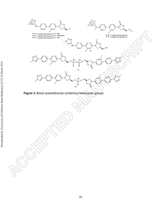 38
N
O
F
O
XN
N
N
N
N
13. R = 2-methyl-1H-tetrazol-5-yl; X = OH
14. R = 2-methyl-1H-tetrazol-5-yl; X = NHCOCH3
15. R = 1-methyl-1H-tetrazol-5-yl; X = OH
HN
N
O
F
O
ON
N
N
N
N
16. R = 1-methyl-1H-tetrazol-5-yl
17. R = 2-methyl-1H-tetrazol-5-yl
N
H
R
N
O
F
O
OHN
N
N
N
18.
HN
R
N
O
F
O
ON
N
N
N
N
P
O
O
19.
OH
P
OH
o
O
O
N
O
N
N
N
NN
N
O
F
O
ON
N
N
N
N
P
O
O
OH
O
N
O
N
N
N
NN
20.
F
F
Figure 3. Biaryl oxazolidinones containing heterocyclic groups
Downloadedby[UniversityofCaliforniaSantaBarbara]at22:2222March2016
 