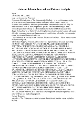 Johnson Johnson Internal and External Analysis
Paper 1
EXTERAL ANALYSIS
Macroenvironmental Analysis:
Economic: Globalization of the pharmaceutical industry is an exciting opportunity
to have research and development done at cheaper prices in other countries.
However, this could be a double edged sword for companies because it is easy for
other countries, such as India, to produce generic versions of the drug in bulk.
Technological: Profitability is determined mainly by the ability to discover new
drugs. Technology is at the forefront of the pharmaceutical industry because advances
allow for expanded research and development which in turn allows for companies to
create new powerful drug chemistries.
Legal/Political: According to a US senator, legislation has been ... Show more content
on Helpwriting.net ...
Intellectual Property: Johnson Johnson have the rights to many products including:
JOHNSON SВ® BEBEВ® PENATENВ® PRIM AGEВ® JOHNSON SВ®
BEDTIMEв„ў JOHNSON SВ® SOOTHING NATURALSв„ў DESITINВ®
NATUSANВ® NEUTROGENAВ® SHOWER TO SHOWERВ®PIZ BUINВ®
AVEENOВ® LUBRIDERMВ®AMBIВ® SKINCARE VENDOMEВ® CLEAN
CLEARВ® PURPOSEВ® ROCВ® ROGAINEВ® BAND AIDВ® Brand Adhesive
Bandages BENGAYВ® CALADRYLВ® PURELLВ® NEOSPORINВ®
CORTAIDВ® SAVLONВ® COMPEEDВ® TUCKSВ® DAKTARINВ®
LISTERINEВ® EFFERDENTВ® LISTERINEВ® WHITENING REMBRANDTВ®
REACHВ® STAYFREEВ® MONISTATВ® CAREFREEВ® e.p.t.В® K YВ®
O.B.В® TYLENOLВ® SUDAFEDВ® ROLAIDSВ® DOLORMINВ®
MOTRINВ® MOTILIUMВ® MYLANTAВ® ZYRTECВ® and ZYRTEC DВ®12
HOURВ® BENADRYLВ® IMODIUMВ® PEPCIDВ® NICORETTEВ®
SPLENDAВ® LACTAIDВ® BENECOLВ® SUN CRYSTALSв„ў VIACTIVВ®
VISINEВ® ACUVUEВ® CONCERTAВ® REMINYLВ® /RAZADYNEВ®
TOPAMAXВ® HALDOLВ® RISPERDALВ® INVEGAВ® RISPERDALВ®
CONSTAВ® DORIBAXв„ў PREZISTAв„ў INTELENCEв„ў RETIN A MICROВ®
LEVAQUINВ®ORTHOCLONE OKT 3В® REMICADEВ® DURAGESICВ®
AXERTВ® ORTHOVISCВ® ULTRAMВ® ER TylenolВ® with Codeine
DITROPAN XLВ® TERAZOLВ®ORTHO TRI CYCLENВ®ELMIRONВ®
ORTHO CYCLENВ® ORTHO TRI CYCLENВ® LO ORTHO EVRAВ® ORTHO
NOVUMВ®RhoGAMВ® DACOGENВ® PROCRITВ® DOXILВ®
VELCADEВ® LEUSTATINВ® ACIPHEXВ®/PARIETВ® REGRANEXВ®
NATRECORВ® REOPROВ®. They also have the patents and copyrights to a wide
array of drugs and medical equipment.
Human Resources
Incentives: The Company sponsors various retirement and pension plans, including
defined
 