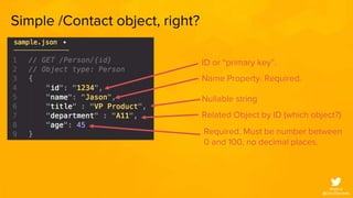 #SoAI18
@CloudElements
ID or “primary key”.
Name Property. Required.
Nullable string
Related Object by ID (which object?)
Required. Must be number between
0 and 100, no decimal places.
Simple /Contact object, right?
 
